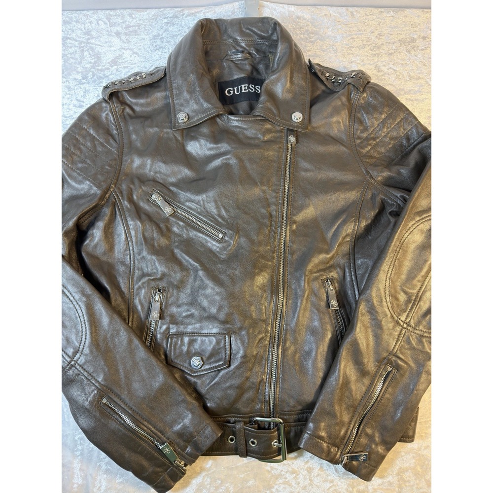 GUESS Womens L Genuine Leather Moto Jacket Brown Belted Biker Y2K Studded
